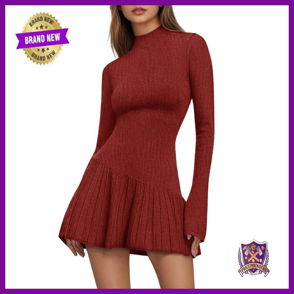 Crochet Ribbed Knit Sweater Dress Mock Neck Long Sleeve Mini